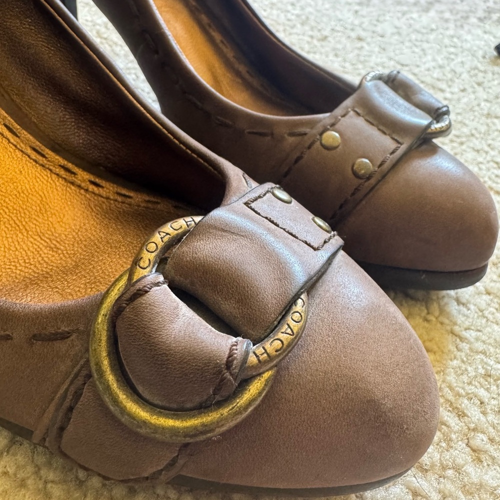 Coach Brown Leather Heels with Gold Buckle Accents
